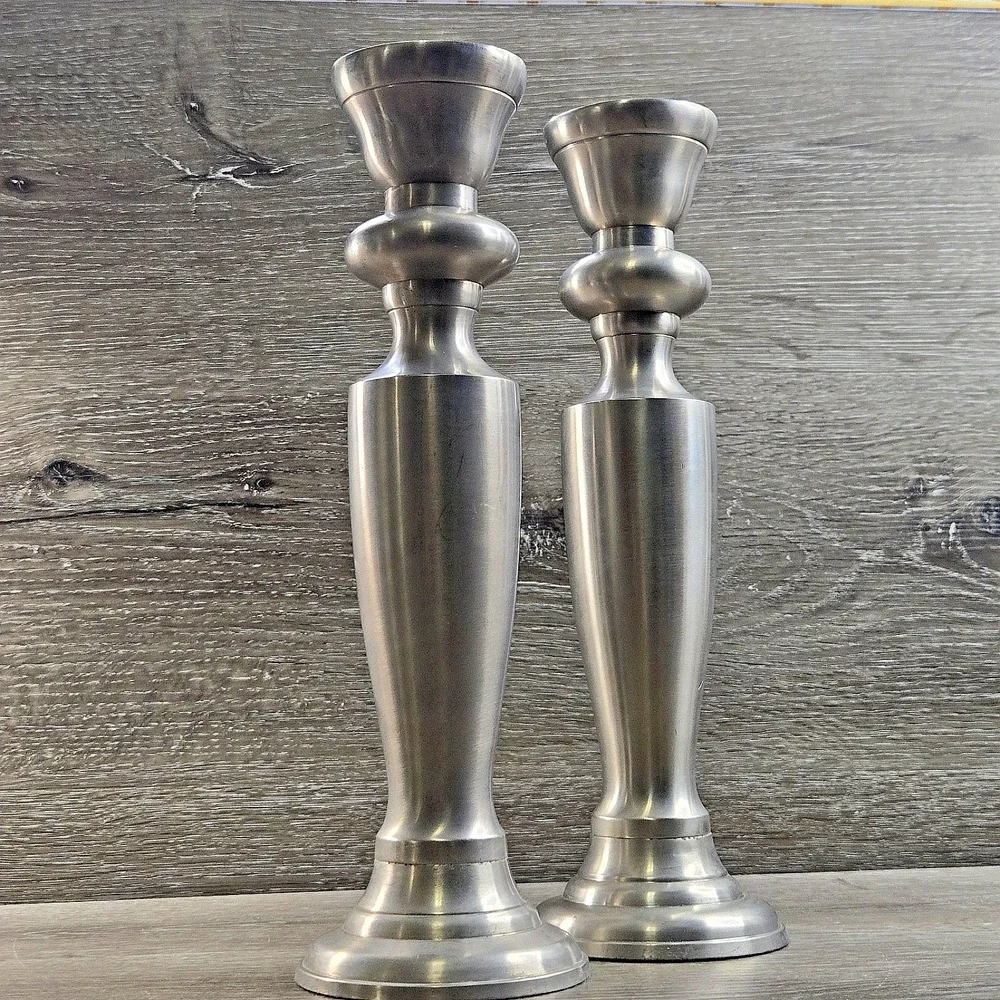 Vintage Brushed Silver Tone Candlestick Holders Pair Round Base Decor India